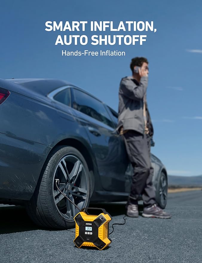 AstroAI Air Compressor Tire Inflator Portable Air Pump for Car Tires, 12V DC Integrated Metal Structure Tire Pump 160PSI with LED Light for Cars, Bicycles, Motorcycles, and Other Inflatables(Yellow)