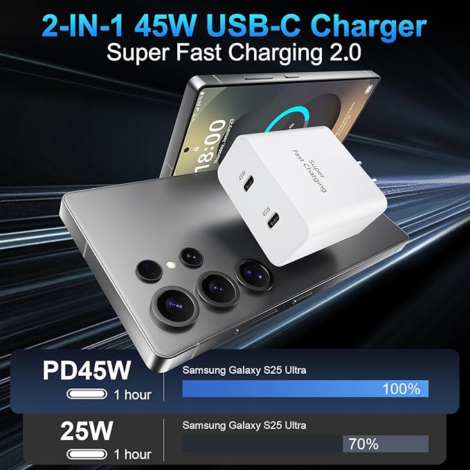 45W USB-C Super Fast Charger, 2-Port 45 Watt Type C Charger Fast Charging Block with 10FT USB C Cable Cord for Samsung Galaxy S25 Ultra/S25+/S25/S24/S23 Ultra/S23+/S22 Ultra/S22+/S20 Ultra-White