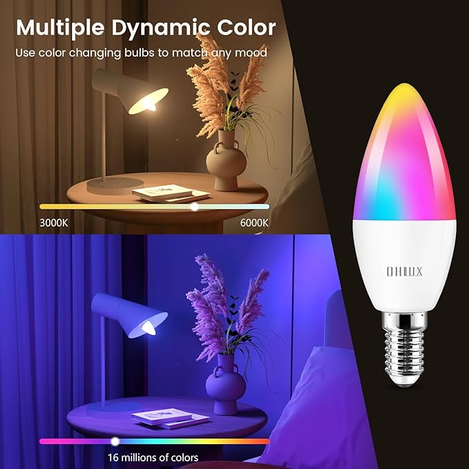 E12 Led Bulb, Smart Candelabra Led Light Bulbs 4W 40 Watt Equivalent Work with Google/Alexa, Alexa WiFi Lights Bulbs RGBCW 16 Million Colors, 2.4GHz WiFi Only, No Hub Required, 2 Pack