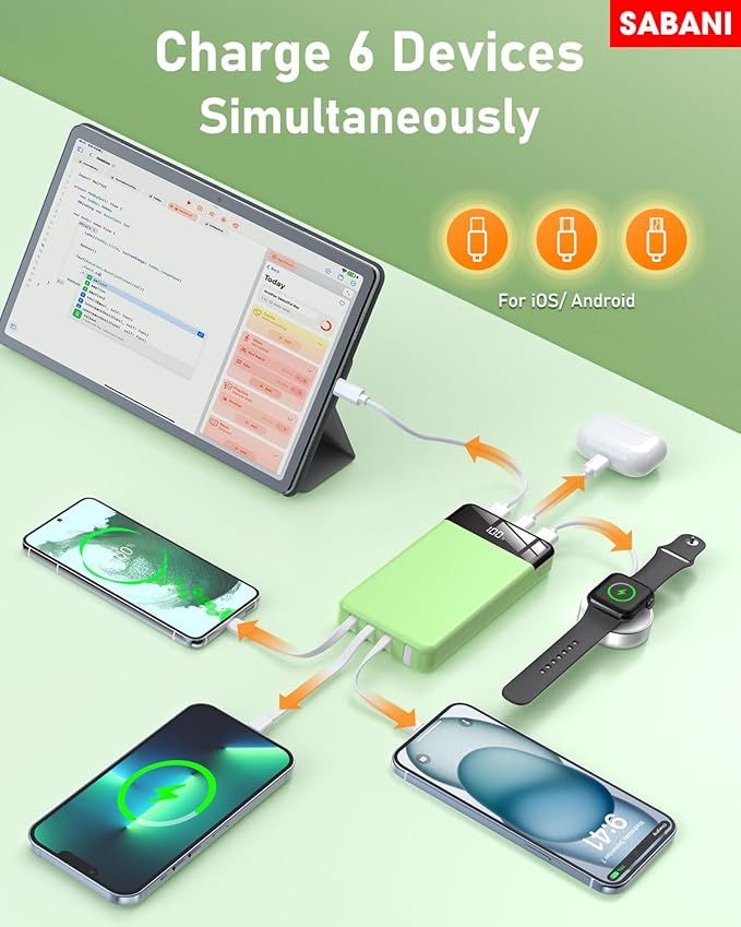 SABANI Portable Charger 35000mAh Power Bank - Portable Battery with 4 Built in Cables, 22.5W Fast Charging Battery Pack Compatible with iPhone 15 14 13 Samsung Android Cell Phone etc (1 Pack, Green)