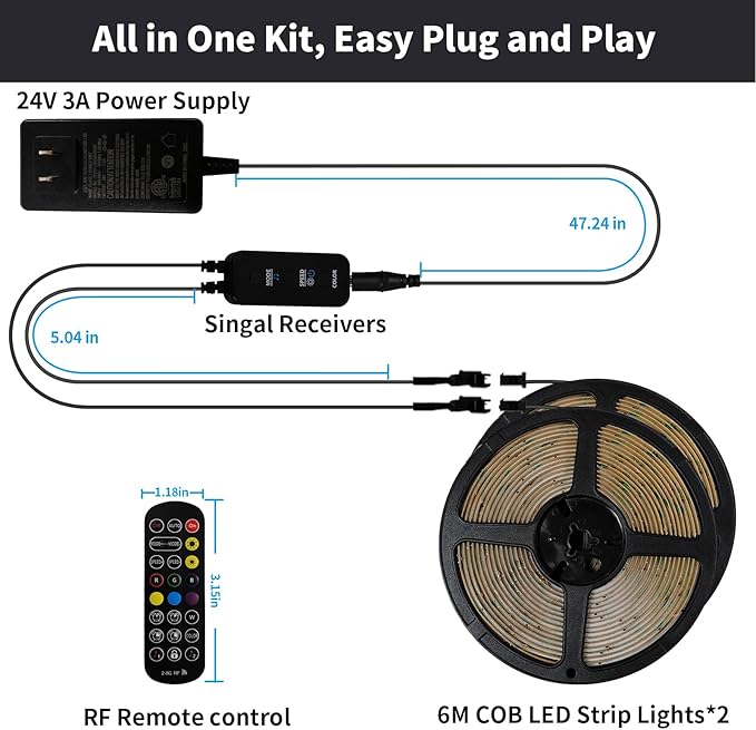 40ft COB RGB+IC LED Strip Lights, Bright Dream Color COB LED Light Strip with RF Remote App Control Music Sync Color Changing for Game Room Bedroom Kitchen Lighting Home Decor（2 Rolls）