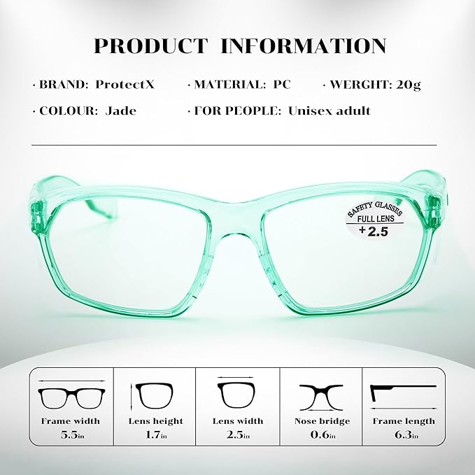ProtectX Stylish Anti-Fog & Scratch-Resistant Safety Glasses With Readers, UV Protection Goggles, Anti-Impact Lightweight Glasses for Men＆Women Jade Reading 2.5-6 Pack