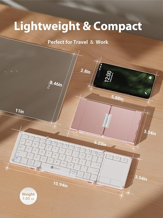 iClever Bluetooth Keyboard with Touchpad, Foldable Keyboard, Metal Body, Gesture Support, USB-C Charge, Pocket-Size Wireless for Travel, iPad, iPhone, Android, Windows, Pink White