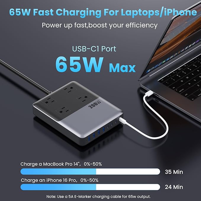 12-in-1 Charging Station USB C Power Strip with 5ft Cord and Plug,200W GaN IV USB C Charger Block,4 AC Outlets,4 USB-A,4 USB-C for MacBook,iPhone 16/15/14,Fast Charging Desktop Charger for Office,Home