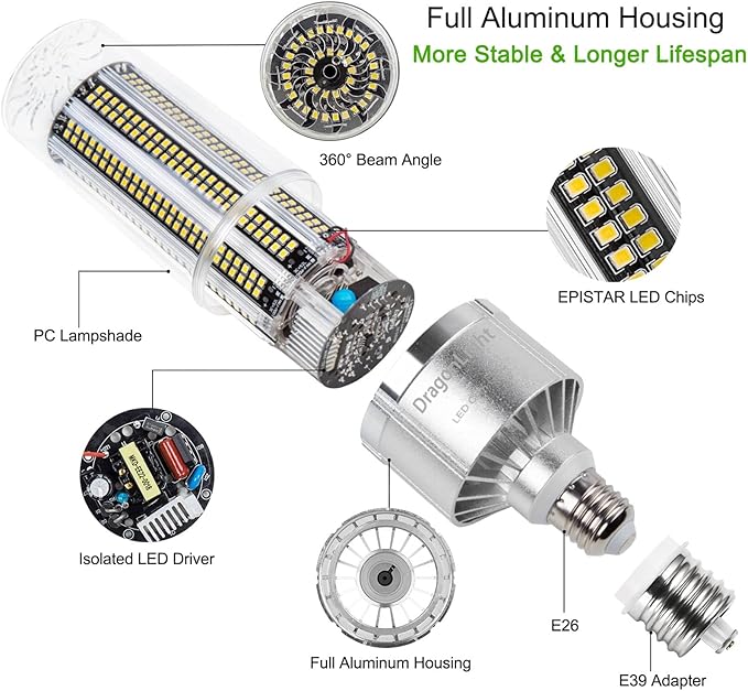 DragonLight 100W Commercial Grade Corn LED Light Bulb(700 Watt Equivalent) E26/E39 Large Mogul Base LED Lamp 3000K Warm White 12,000LM for High Bay Area Lighting