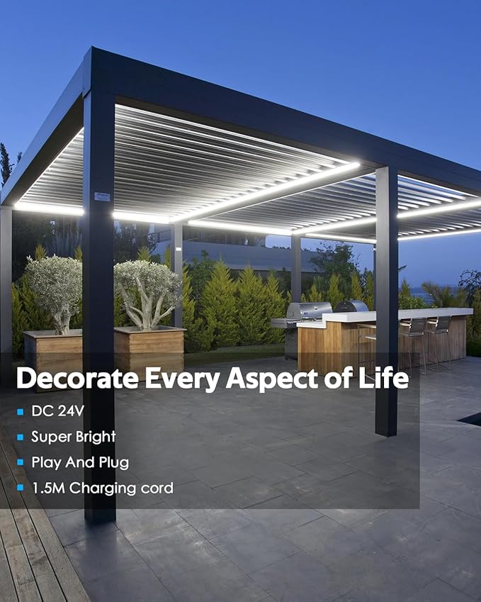 Daylight White LED Strip Lights 16.4FT 24V Waterproof COB LED Strip Kit with Remote Dimmable Flexible LED Tape Light 6000K Uniform Glow 320LEDs/M for Indoor Decor (Adapter are Included)