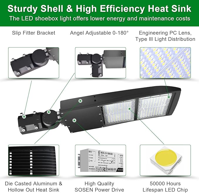OSTEK LED Parking Lot Lights 200W LED Shoebox Street Pole Lighting, Waterproof 28000LM Outdoor Commercial Area Road Lighting 5000K 100-277V DLC UL