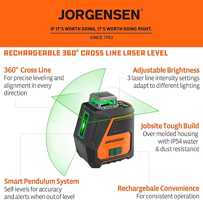 JORGENSEN 360° Laser Level with Tripod, 100 FT Rechargeable Self Leveling Cross Line Laser Leveler Tool with Magnetic Base, Wide Angle Green Laser Level for Picture Hanging, Floor Tile, Construction