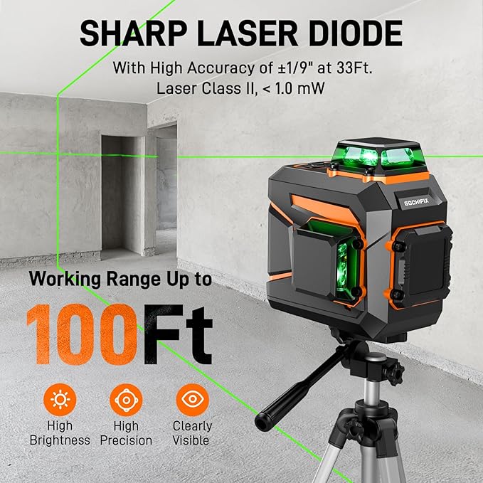 Laser Level 360 Self Leveling Green Line Laser Level Tool Wall Suction Stand Receiver 100ft Line Laser for Picture Hanging Outdoor Rechargeable Battery,2x360,2D