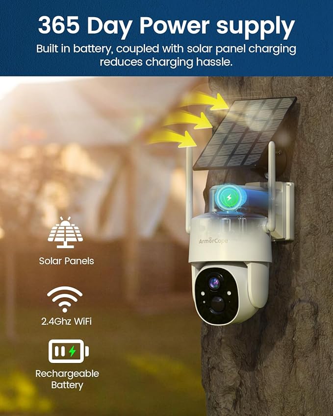 Solar Security Cameras Wireless Outdoor,360° View Battery Powered with Spotlight Color Night Vision,2K WiFi Home Security,PIR Sensor,Wireless Easy Install, 2.4 GHz Wi-Fi