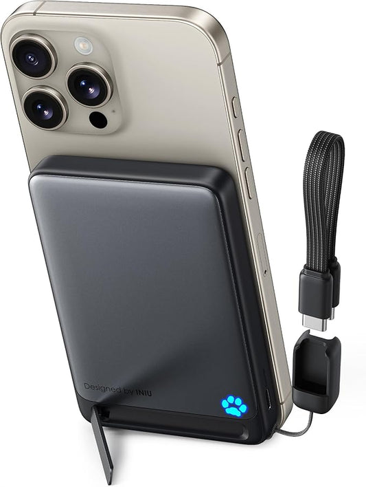 INIU for MagSafe Portable Charger, Qi2 Certified, Slimmest 45W 10000mAh Magnetic Power Bank, with USB C Cable & Stand, Fast Charging MagSafe-Compatible Battery Pack for iPhone 16 15 14 13 12 Only