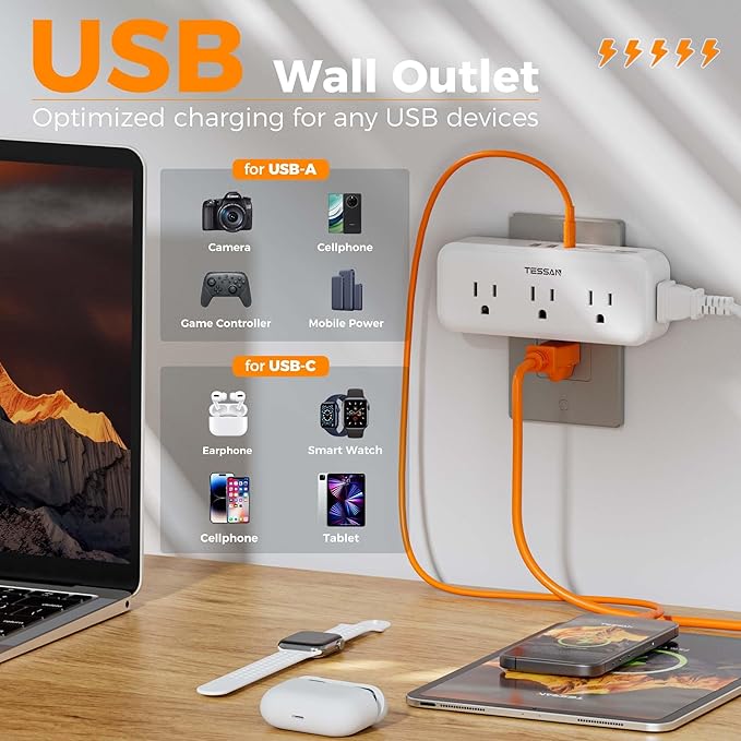 Multi Plug Outlet Splitter, TESSAN Multiple Plug Surge Protector, 5 Outlet Extender with 3 USB (1 USB C), 3-Way Wall Charger for Home Office Dorm Room Essentials