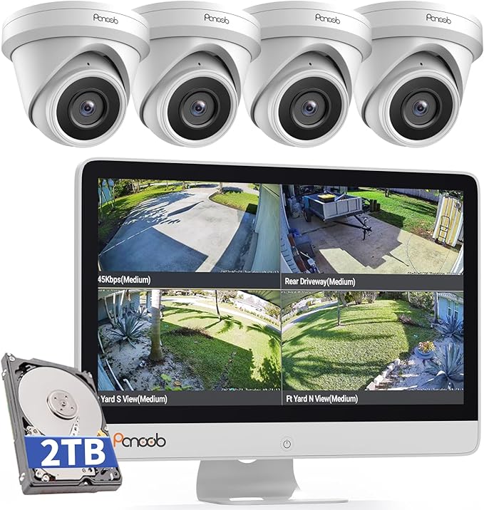 Wired Security Camera System with Monitor Screen, 8 Channel 8MP H.265 UHD NVR with 2TB HDD, 4Pcs IR Dome Wired 5MP PoE IP Camera IP67, Smart AI Human Detection, PD93AM04-5M