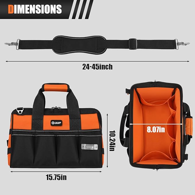 Heavy Duty Tool Bag 15-Inch, 16-Pocket Portable Soft Tool Box Organizer Storage, Handle Tactical Carry Tote Empty Toolbox with Large Zipper, Father Day Dad Men Gift for Mechanic Engineer, Orange