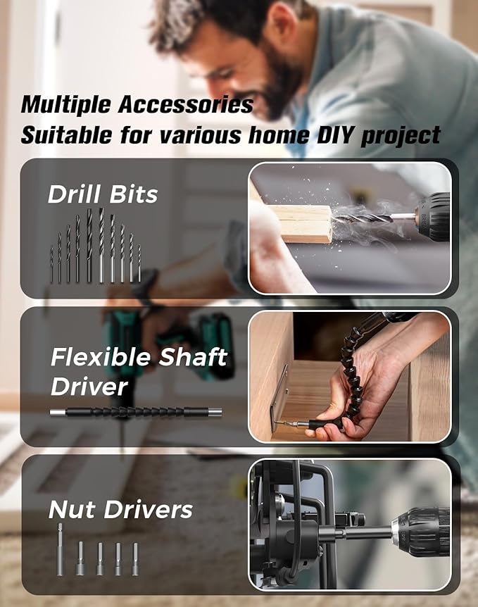 Cordless Drill, 20V MAX Power Drill Set with 2.0Ah Power Pack & Charger, 3/8 Inch Keyless Chuck, Variable Speed, 25+1 Position and 56PCS Bits/Screws, Power Tools for Home Projects