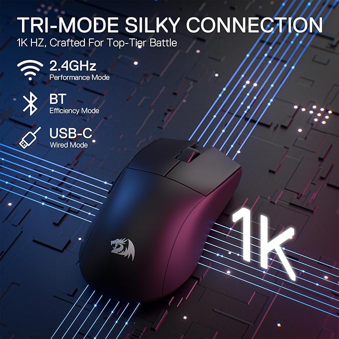 Redragon M916 PRO 3-Mode Wireless Gaming Mouse, 49G Ultra-Light 26K DPI Mouse w/Ergonomic Natural Grip Build, Full Programmable Buttons, Software Supports DIY Keybinds & DPI