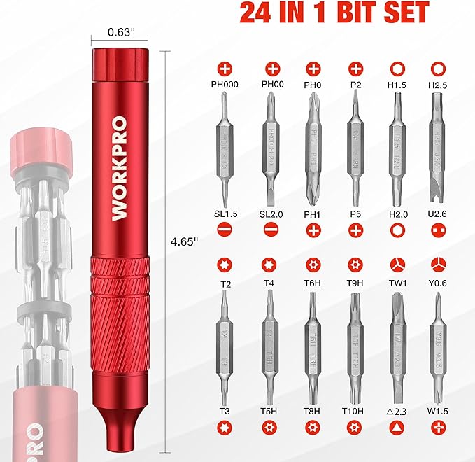 WORKPRO 24 in 1 Multi Bit Mini Screwdriver Set Magnetic, Manual Pen Screwdrivers, Tough S2 Steel Small Screwdriver Bits for Eyeglass, Watch, Laptop, Phone, Jewelry and Electronic, Red
