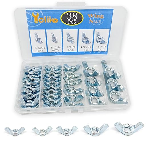 38 Pcs 5 Sizes 5/32",3/16",1/4",5/16",3/8" Wingnuts, Quality Carbon Steel Wing Nuts Zinc Plated Fasteners Parts Butterfly Nut, Hand Twist Tighten Hardware Nuts Butterfly Wing-Nut Assorted Kit