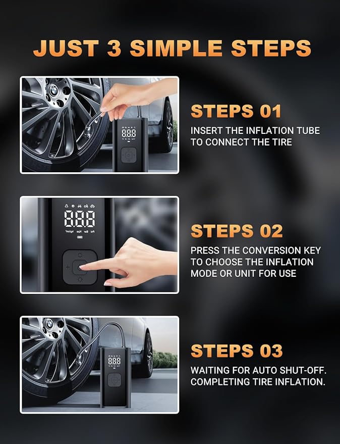 Tire Inflator Portable Air Compressor, 150 PSI Cordless Air Pump with Digital Pressure Gauge Auto Shutoff LED Lights for Cars Motorcycles Bikes Balls