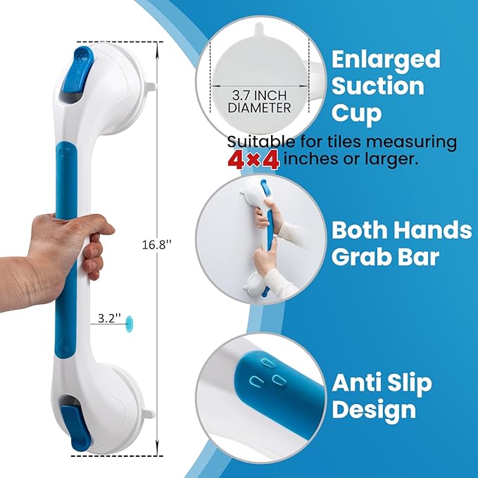 TAILI Shower Grab Bar Glow in The Dark, 2 Pack 16.8 in Grab Bars for Bathtubs and Showers,Shower Handles Shower Rails for Seniors and Elderly,Bathroom Safety Grip Removable No Drilling Waterproof Blue