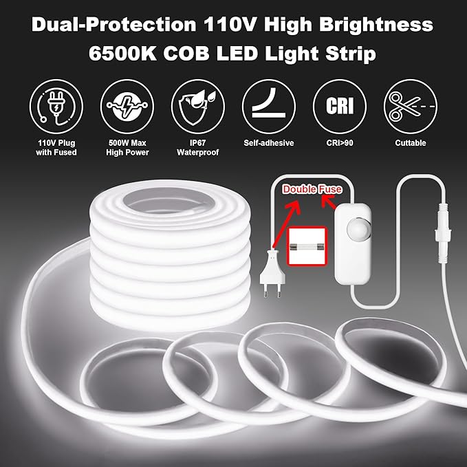 IP67 Waterproof COB LED Strip Lights AC 120V Direct Plug, 33FT Super Bright Outdoor Strip Lights with Double Fuse Controller, 6500K White LED Strips for Garden Patio Commercial Decor