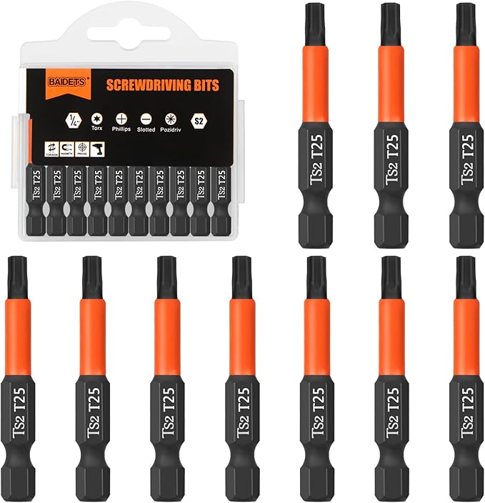Pro T25 Screwdriver Bit Set - Torx Screwdriver 10 Pieces, 50mm Length, 1/4" Hex Shank Bit Assortment, with Storage Box