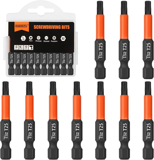 Pro T25 Screwdriver Bit Set - Torx Screwdriver 10 Pieces, 50mm Length, 1/4" Hex Shank Bit Assortment, with Storage Box