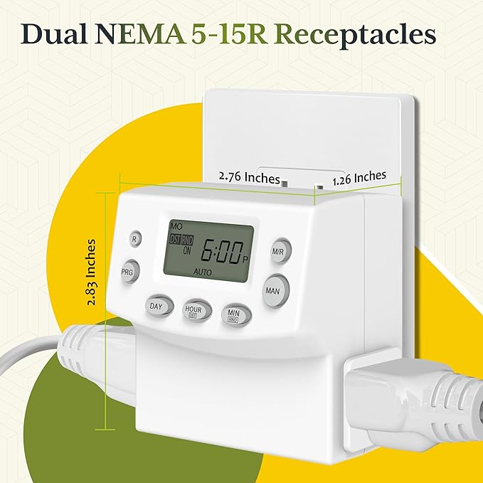 TG Heavy Duty Programmable Plug-in Digital Timer for Electrical Outlets, 7-Day Schedule, Random Mode, Daylight Savings, White