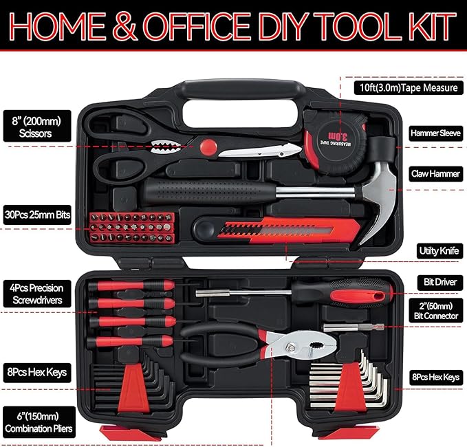 58 Piece Household Tool Set, General Household Hand Tool Kit with Plastic Toolbox Storage Case, All Purpose Household Tool Kit for Home, Garage, Office and College Dormitory Use, Red