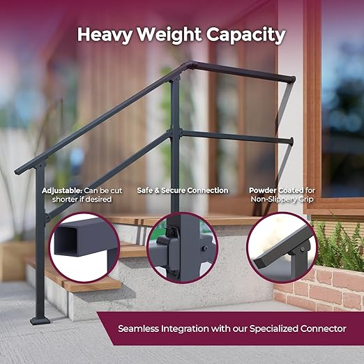 CHR Fence & Rail Hand Rails for Outdoor Steps, 3 Step Handrail & Indoor Stair Railing Kit, Railings for Outdoor Steps and Hand Rails for Seniors for Porch Railing & Deck Hand Rail, 2-3 Step Railing