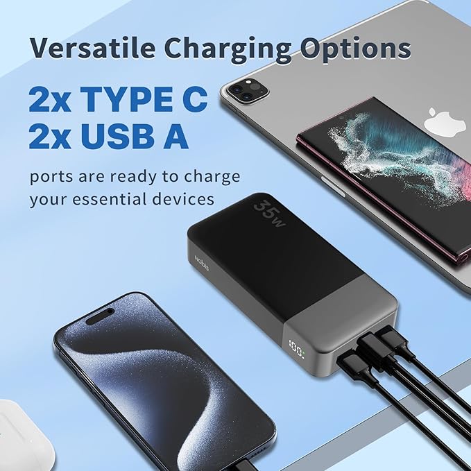 NOBIS Portable Charger, 20000mAh Power Bank, 35W Power Bank Fast Charging, Battery Pack with C to C Cable, Battery Bank with Digital Display for Phone Android etc