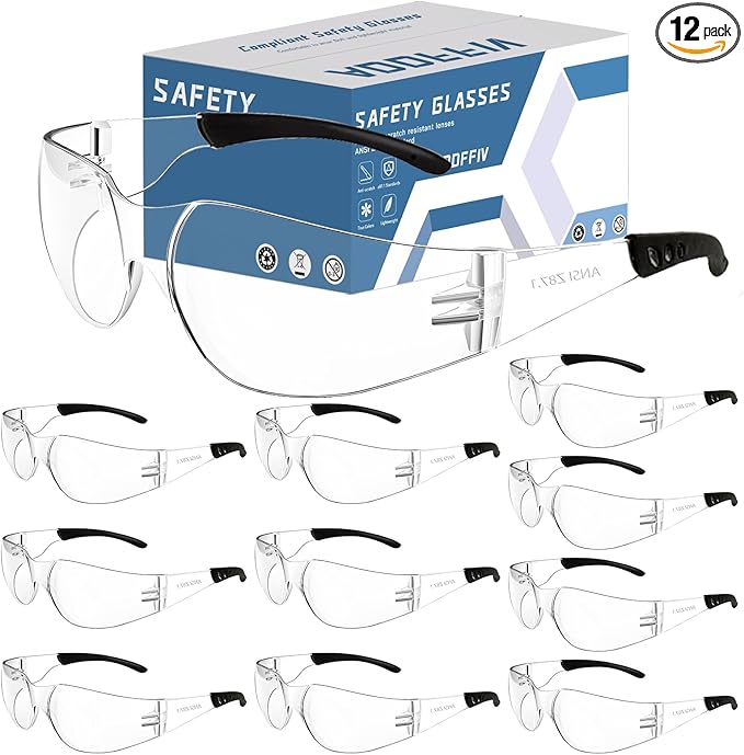 Clear Safety Glasses Bulk of 12,ANSI Z87.1 Impact Resistant Lens Eye Protection for Lab,Construction