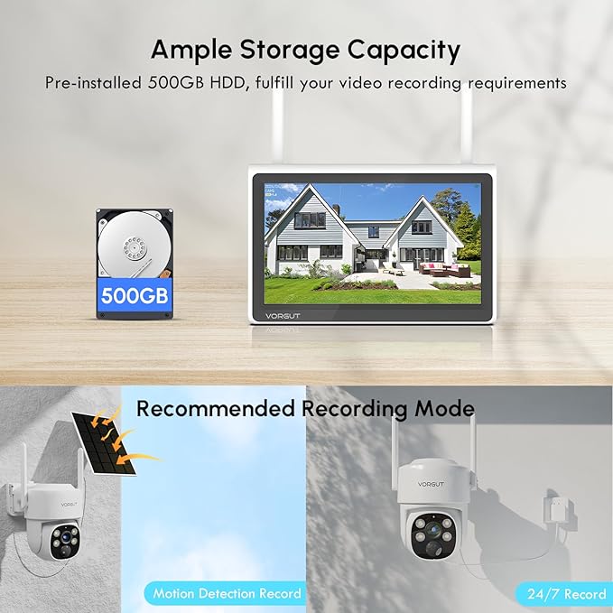 Solar Security Camera System, 10" LCD Monitor 10CH WLAN NVR with 500GB HDD, 4X 4MP PTZ WiFi Battery Powered Surveillance Camera,Outdoor Solar Wireless CCTV Kits,PIR Human Detection/2-Way Talk