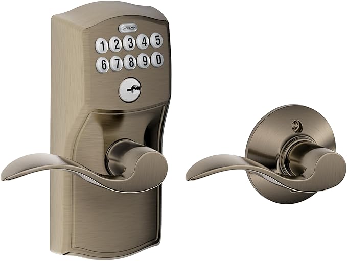 SCHLAGE FE575 CAM 620 ACC Camelot Keypad Entry with Auto-Lock and Accent Levers, Antique Pewter