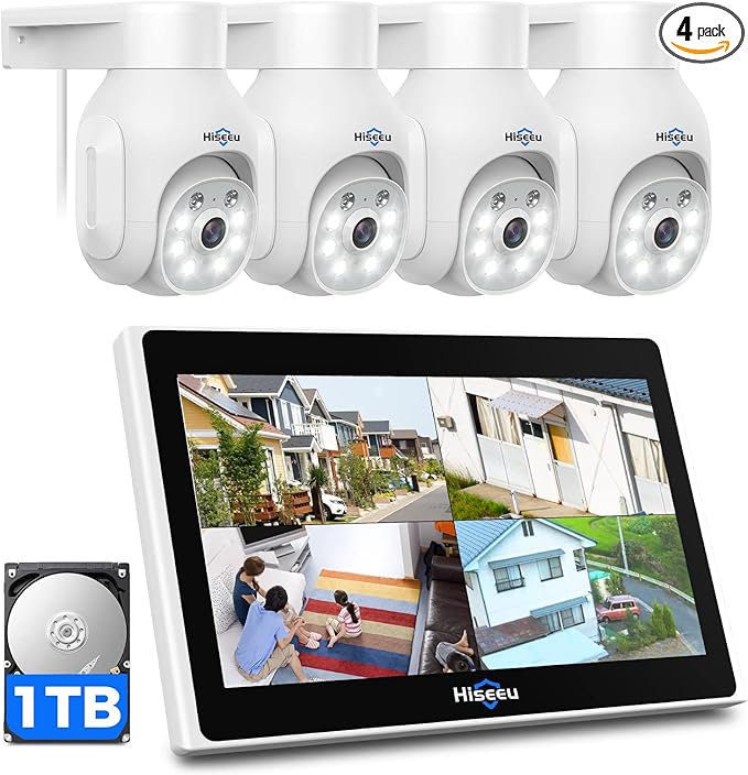 Hiseeu Wireless Security Camera System, 4 Cam- Kit 5MP Outdoor Security Camera with with 10in LCD 1T HDD,[Plug in & Play] 2.4G/5Ghz,2-Way Audio,Color Night Vision, IP66 Waterproof, No Montly Fees
