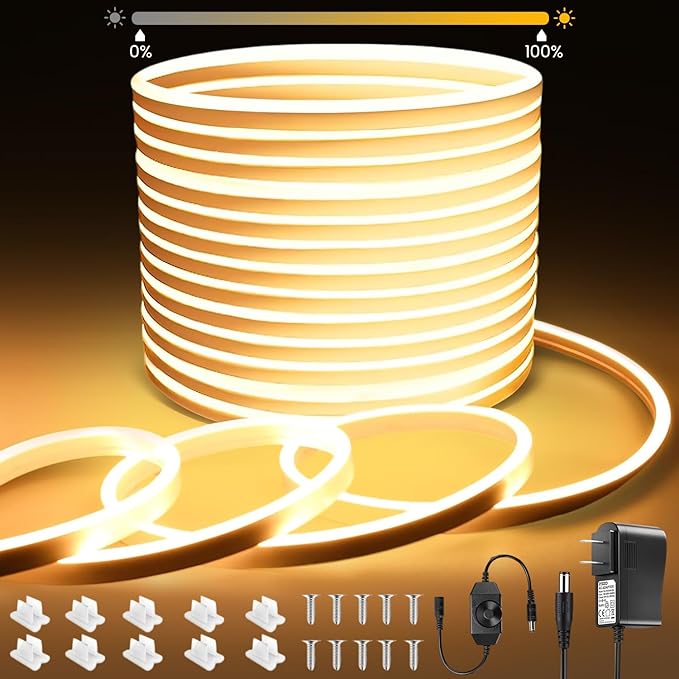 Neon LED Strip Light 16.4Ft, 2700K Warm White Flexible LED Neon Rope Lights Outdoor, Silicone LED Strip Lights IP67 Waterproof Dimmable for Gaming Bedroom Indoor Outdoor Home Decor…