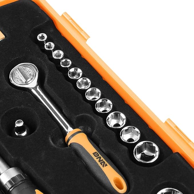 DNA MOTORING Home Repair Tool Set, Magnetic Screwdriver Socket Set, Ratchet Screwdriver Tools Set for Mechanics and DIY, w/Storage Box, Orange, TOOLS-00037