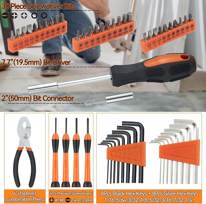 58 Piece Household Tool Set, General Household Hand Tool Kit with Plastic Toolbox Storage Case, All Purpose Household Tool Kit for Home, Garage, Office and College Dormitory Use, Orange