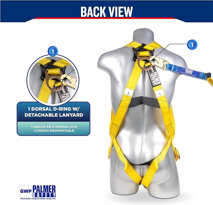 Palmer Safety Safety Harness w/Detachable 6 ft Lanyard I Single Leg Lanyard w/Internal Shock Absorbing & Snap Hook