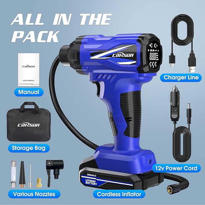 CARSUN Tire Inflator Portable Air Compressor, Cordless Car Tire Pump with Rechargeable Li-ion Battery 150PSI Portable Handheld Air Pump with Digital Pressure Gauge for Car Tires, Bicycles, Balls, Blue