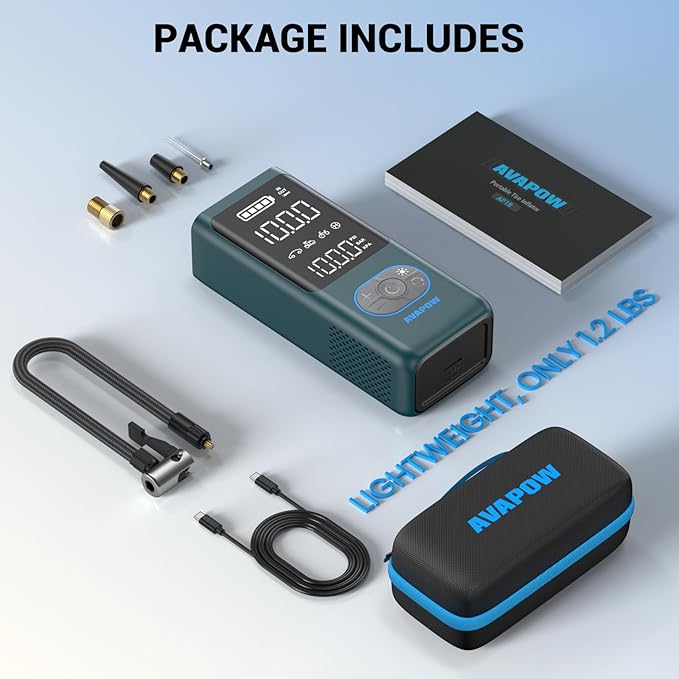 AVAPOW AP18 Tire Inflator Portable Air Compressor, 300% Faster 150 PSI Cordless Air Pump with Tire Pressure Gauge, 3.7″ Dual LCD Screen, Auto-Shuts Off Tire Pump for Car, Motorcycle, Bicycle, Cyan