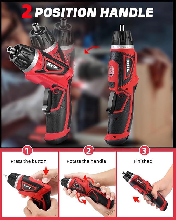 Cordless Electric Screwdriver Set, 8V 10Nm Rechargeable Power Electric Drill, Battery Screw Gun with Driver Bit, 320RPM/10+1 Torque, 2 Position Handle, Flexible Shaft LED Light (Red, 28Pcs)