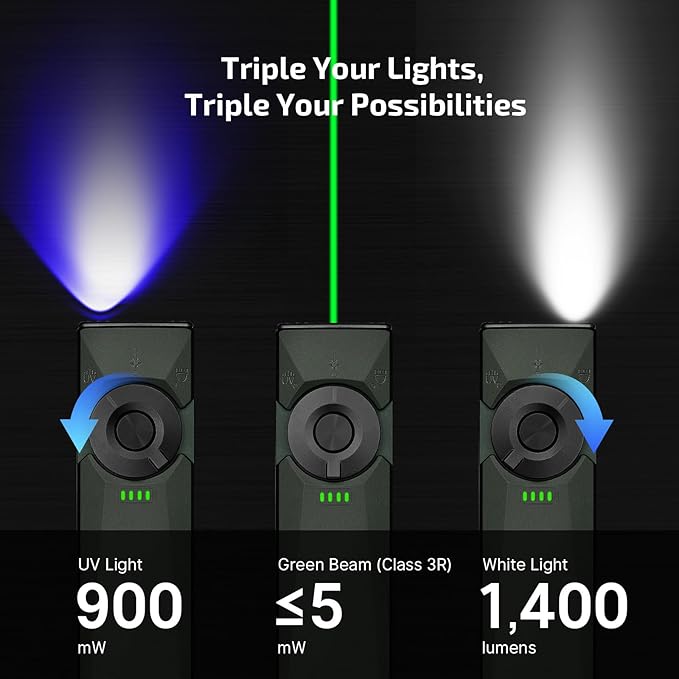 OLIGHT Arkfeld Ultra 1400 Lumens EDC Flat Flashlight, Rechargeable Pocket Light with White LED, UV, and Green Beam (Olive Grey)