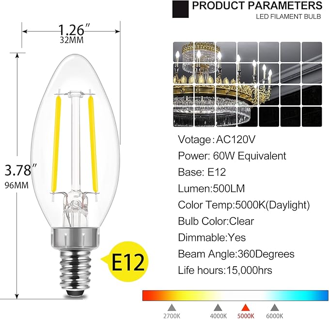 ENERGETIC SMARTER LIGHTING LED Candelabra Light Bulbs B10, Daylight 5000K, E12 Base, 60 Watt Equivalent Chandelier LED Edison Bulbs, Dimmable, 8 Pack