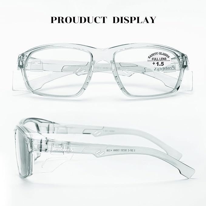 ProtectX Stylish Anti-Fog & Scratch-Resistant Safety Glasses With Readers, UV Protection Goggles, Anti-Impact Lightweight Glasses for Men＆Women Charcoal Reading 1.5-2 Pack
