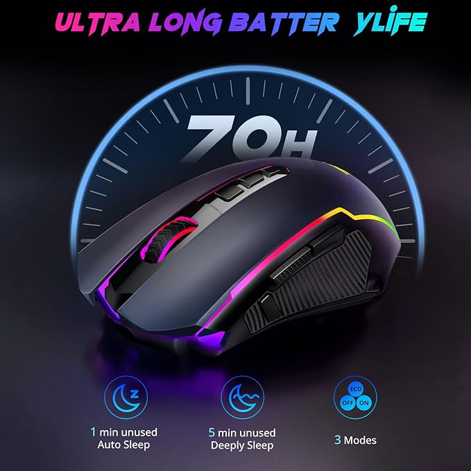 Redragon Gaming Mouse, Wireless Mouse Gaming with 8000 DPI, PC Gaming Mice with Fire Button, RGB Backlit Programmable Ergonomic Mouse Gamer, Rechargeable, 70Hrs for Windows, Mac Gamer, Black