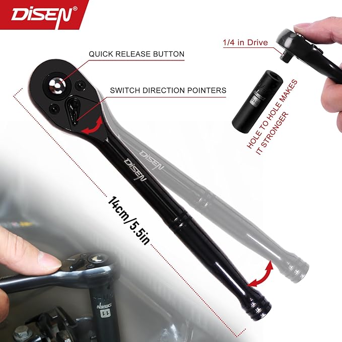 DISEN 94 PCS 1/4" Drive Impact Socket Set, Shallow & Deep Socket SAE(5/32"-9/16") & Metric(4-15mm), Torx Screwdriver Bit Set, 72T Ratchet Wrench Handle, CRV Tool Set with Adapter, Automotive Repair