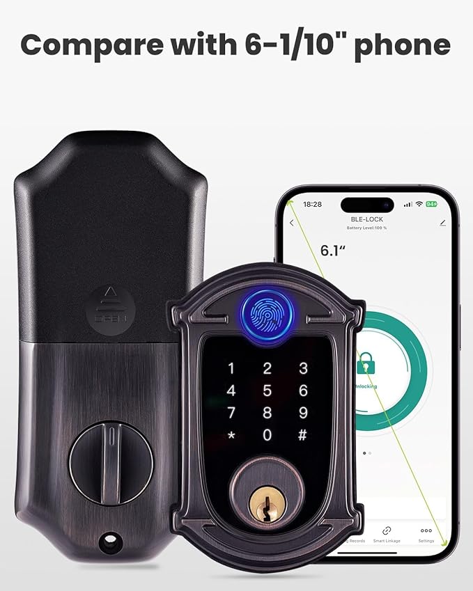 Keyless-Entry Deadbolt Smart Lock Waterproof IP56 Digital Exterior Locks for Front Door,Smartphone Control Fingerprint Door Lock with Keypad and Key Fob,Venetian Bronze - UF02-VB GreenShield