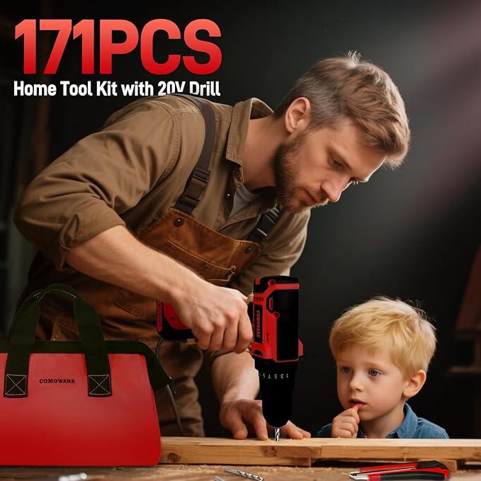 COMOWARE 171-Piece Home Tool Kit with Drill, 20V Cordless Power Drill Combo Set, Complete Household Repair Tools for Men & Women in Garden, Office, DIY Projects