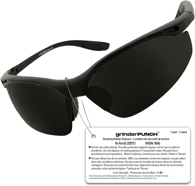 grinderPUNCH Full Lens Magnification Safety Glasses with Black Frame | Clear Lens | | Magnifying Reading Eyewear